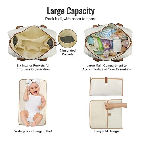 Miniatura 4 de Juego de 3 bolsas de pañales con cambiador y funda para chupete, bolsa de viaje de algodón para maternidad (Mediana - Beige)