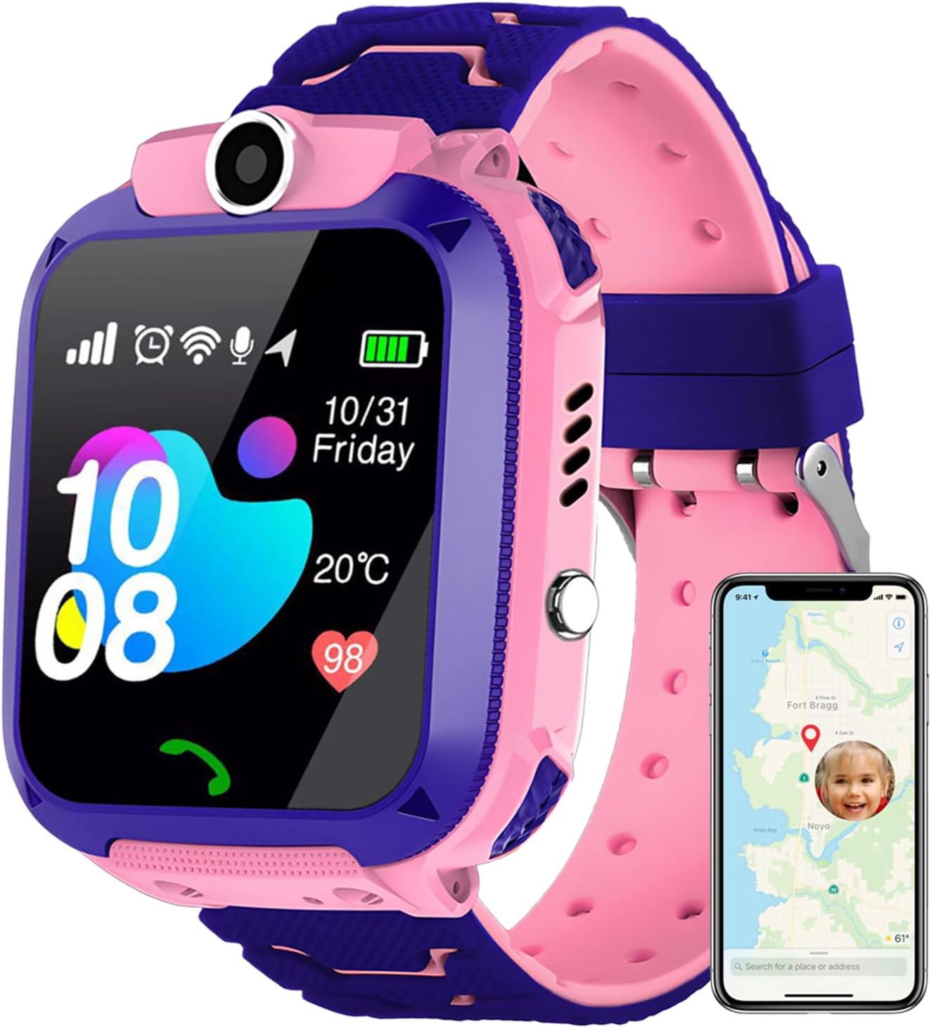 DDD 2G Kids Smart Watch GPS Tracker, SIM Card for Calls, 7-Day Battery IP67 Waterproof SOS Call - No Game Distraction - Birthday Gift for Girls Boys (Pink Purple)
