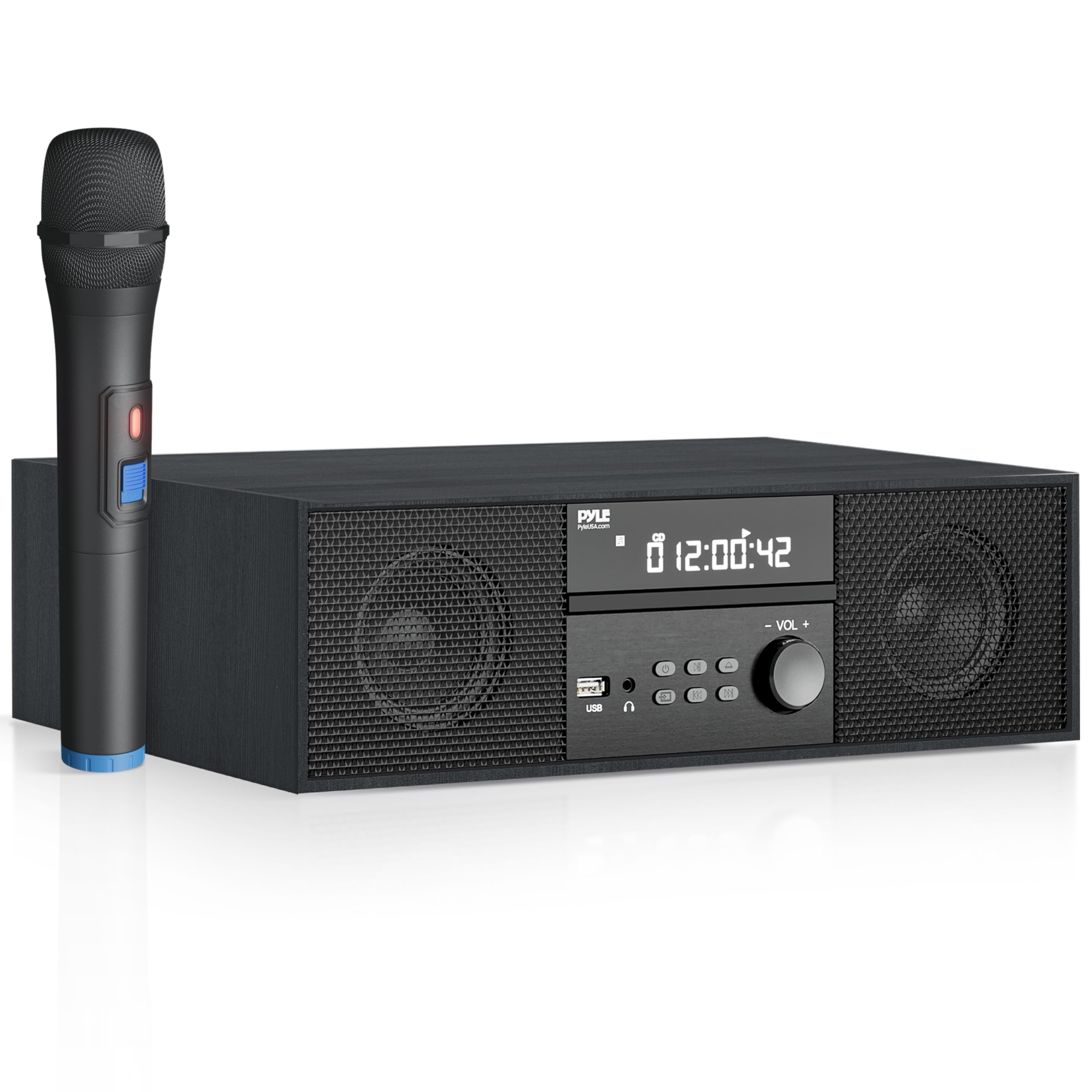 Pyle Home CD/DVD Stereo Shelf System - 200W Remote Operated Player w/Wireless Microphone, BT Connectivity, FM Radio/USB/Earphone/AUX, Supports HDMI, Adjustable Bass/Treble (Grey & Silver)