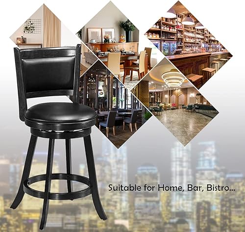 Miniatura 8 de COSTWAY Juego de 2 taburetes de bar, giratorios de 360 grados, taburete de bar giratorio de madera con altura de mostrador, diseño tapizado de tela,