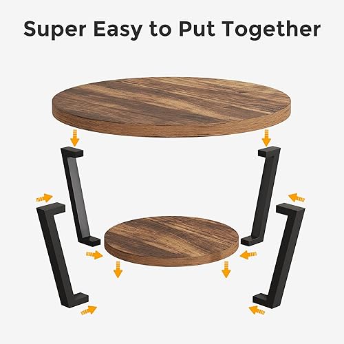 Miniatura 7 de Mesa de centro redonda con estante de almacenamiento, mesa central de madera de 2 niveles, muebles industriales modernos de sala de estar, marrón