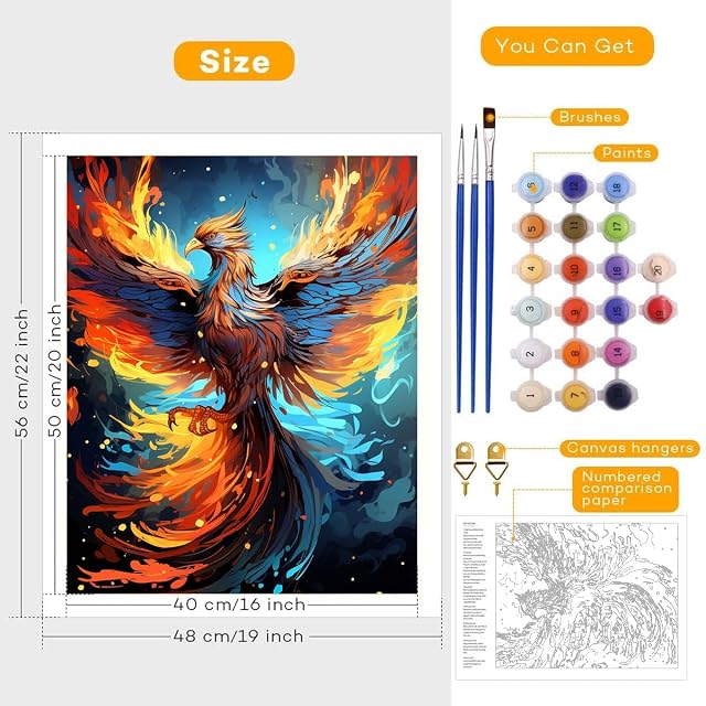 Foto 2 de 7 de TANGFEIY Pintura sobre lienzo por números, color Phoenix, pintura al óleo para adultos, pintura por números