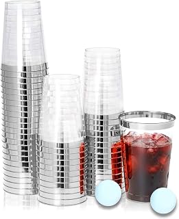 KOPHADOT 12oz Silver Rim Plastic Cups 50 packs with 2 Party Pong Balls, Disposable and Reusable Elegant Silver Rimmed Cup Clear Party Drinking Cups for Weddings, Bachelorette Parties, Christmas