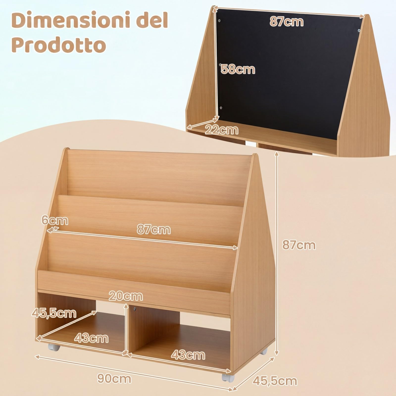 COSTWAY Libreria Montessoriana per Bambini, Scaffale per Giocattoli in Legno con Lavagna e 5 Ruote, Libreria a 3 Ripiani e Scomparti, per Cameretta e Asilo Nido, 90 x 45,5 x 87 cm (Naturale)