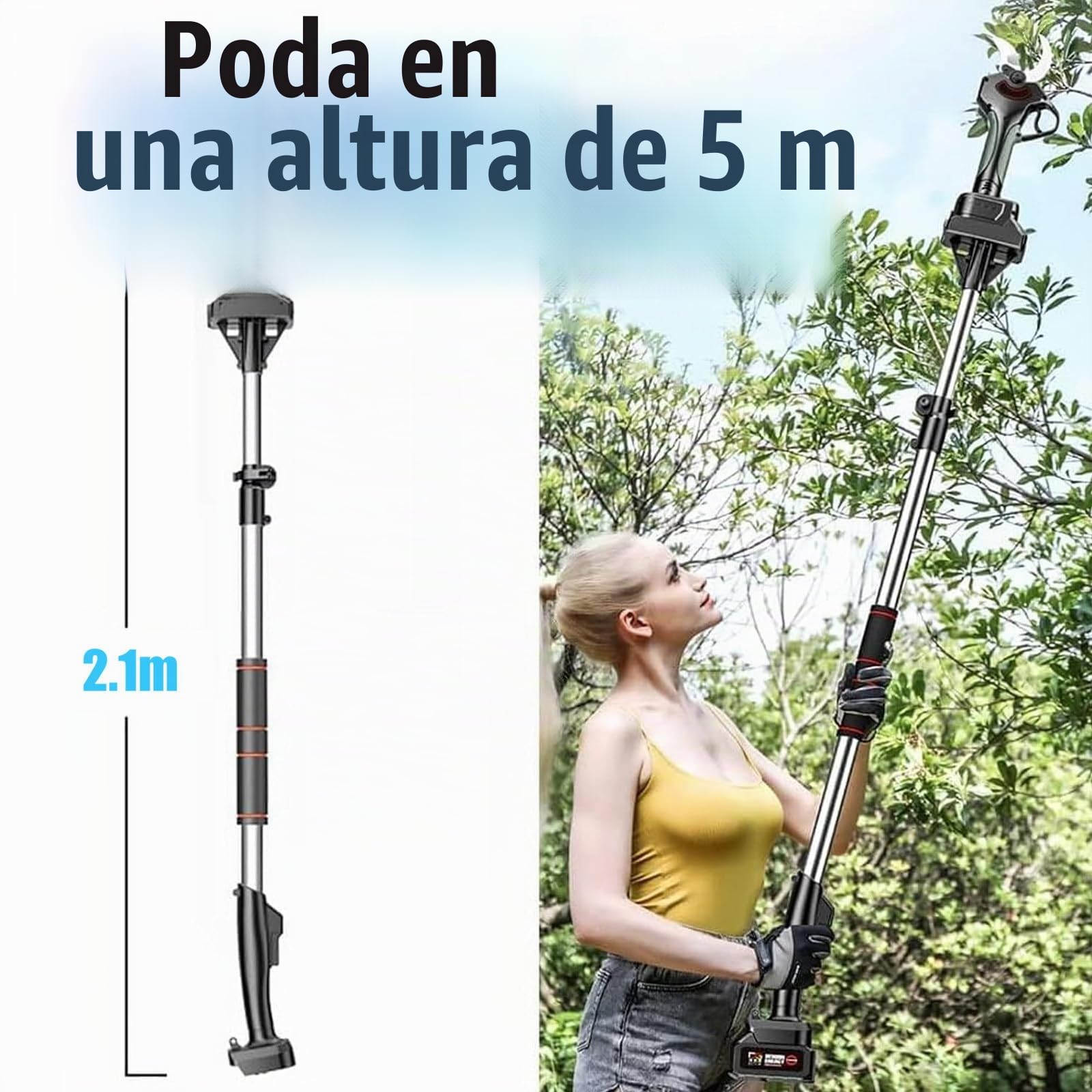 Tijeras de podar eléctricas de 50 mm, Tijeras eléctricas portátiles seguras Tijeras de podar inalámbricas con pértiga telescópica de 1,3 a 2,1 m, para setos, arbustos y huertos,2Battery