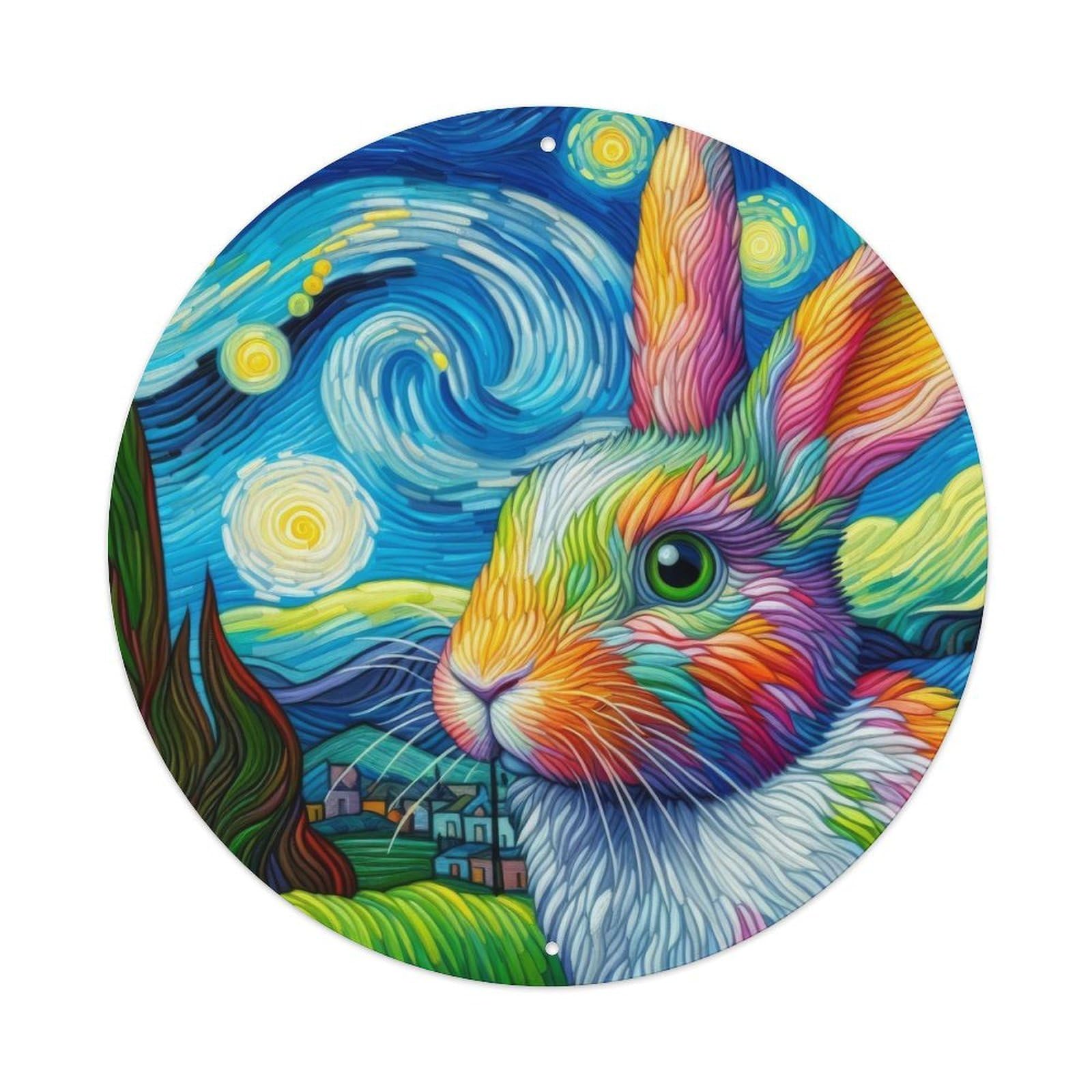 Vintage Art Starry Night Fantasy Bunny Shadow Village Vintage Metal Tin Sign Plaque Wall Decor for Cafe, Club, Garden Round Metal Poster 8x8Inch