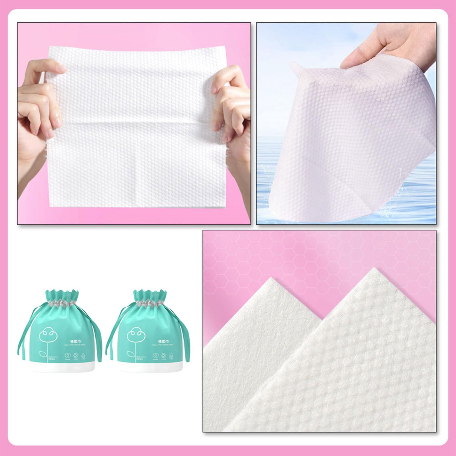 LALAFINA Salviette Detergenti Monouso per Viso in Cotone, 40 Pezzi per Rotolo, 2 Pezzi, Perfette per Pulizia Quotidiana e Cura del Viso Donna