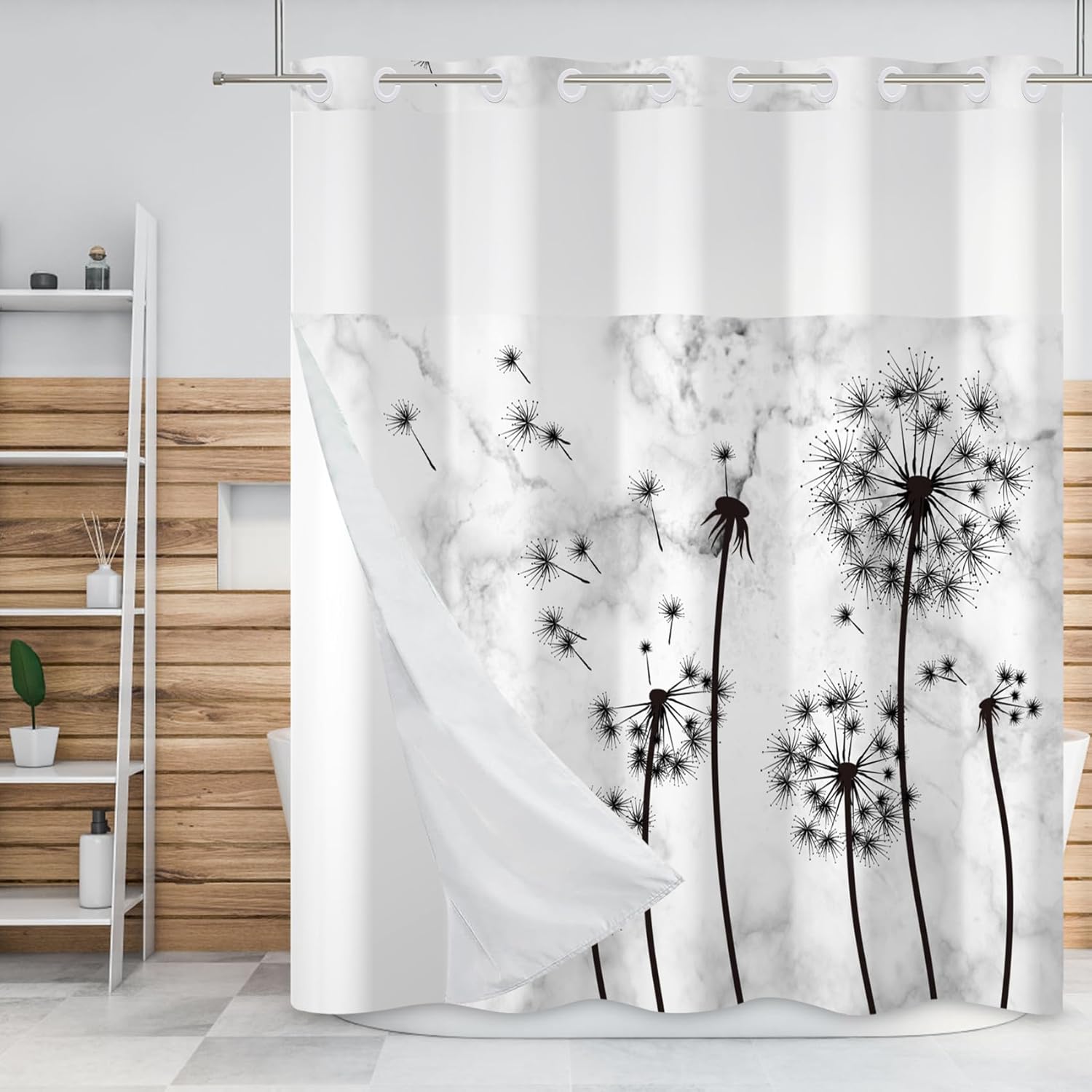 Baocicco No Hook Black and White Dandelion Shower Curtain with Snap in Liner Flower Vintage Floral Double Layers Machine Washable for Easy Clean Hotel Shower Curtain and Liner Set 71x83 Inch