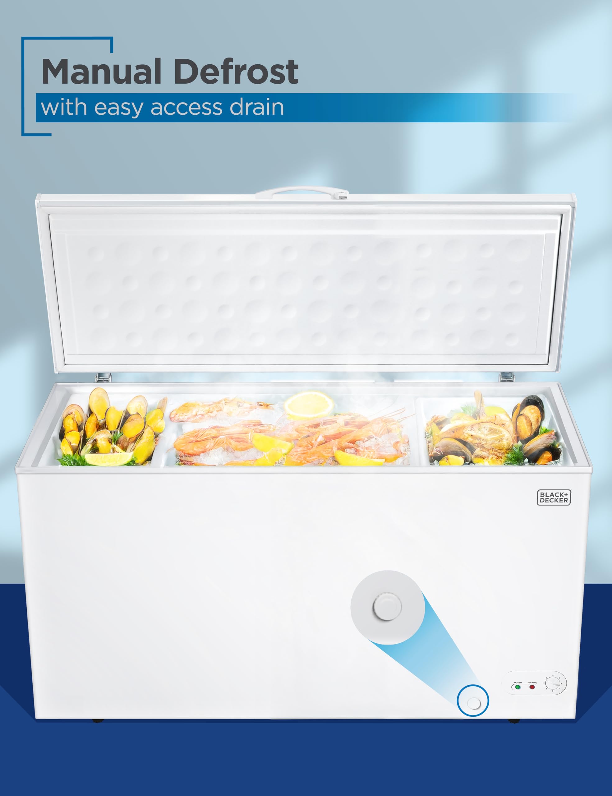 Black+Decker 19.8 Cu. Ft. Chest Freezer, Deep Freezer With Top Opening, Freezer Chest With 2 Removable Storage Baskets, Mechanical Temperature Control, Manual Defrost, R600a Refrigerant,Bcf1980e,White on Fridge.com - View 5