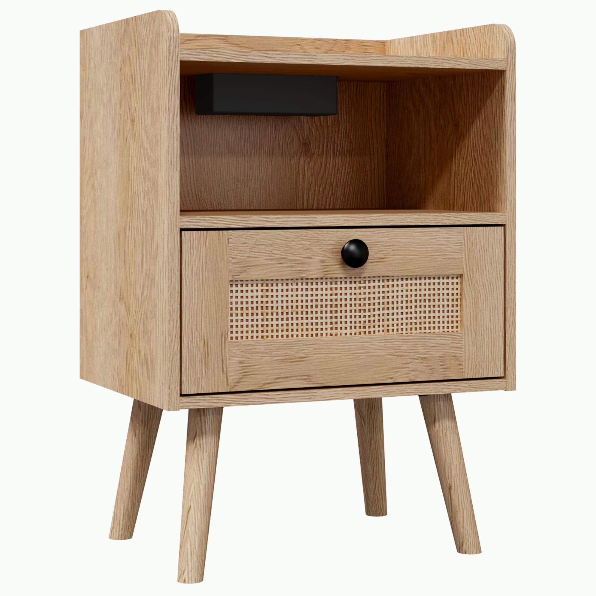 Panana Bedside Tables with Power Strip, Side Table with 1/2 Hand Made Rattan Decorated Drawers Wood Nigntstand End Table for Living Room, Bedroom and Small Spaces (Wood, 1 Drawer)