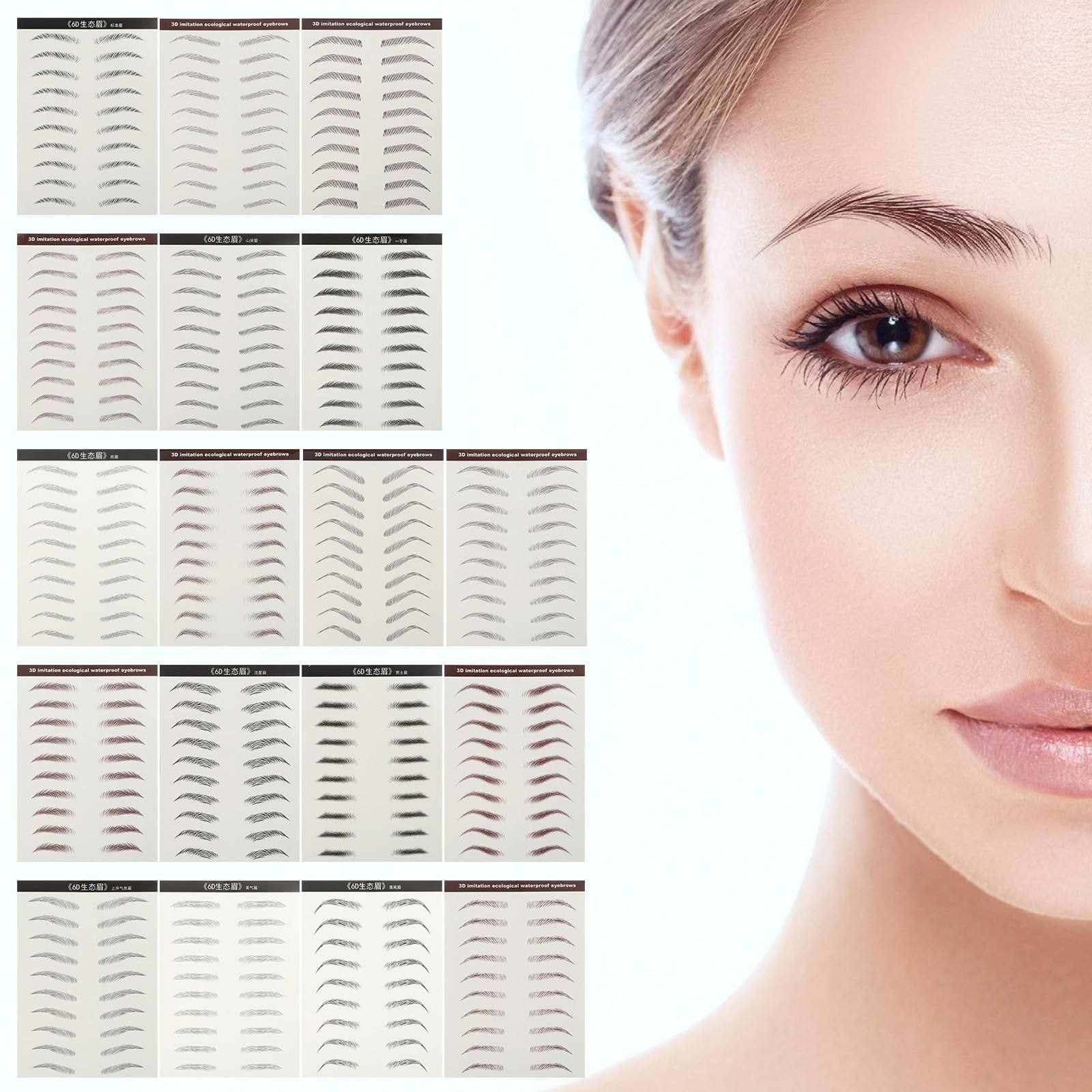 Adesivi Sopracciglia Impermeabili 18 Pezzi in Carta Trasferibile All'acqua con Inchiostro Naturale per Sopracciglia Perfette Nuove Forme Stili multipli