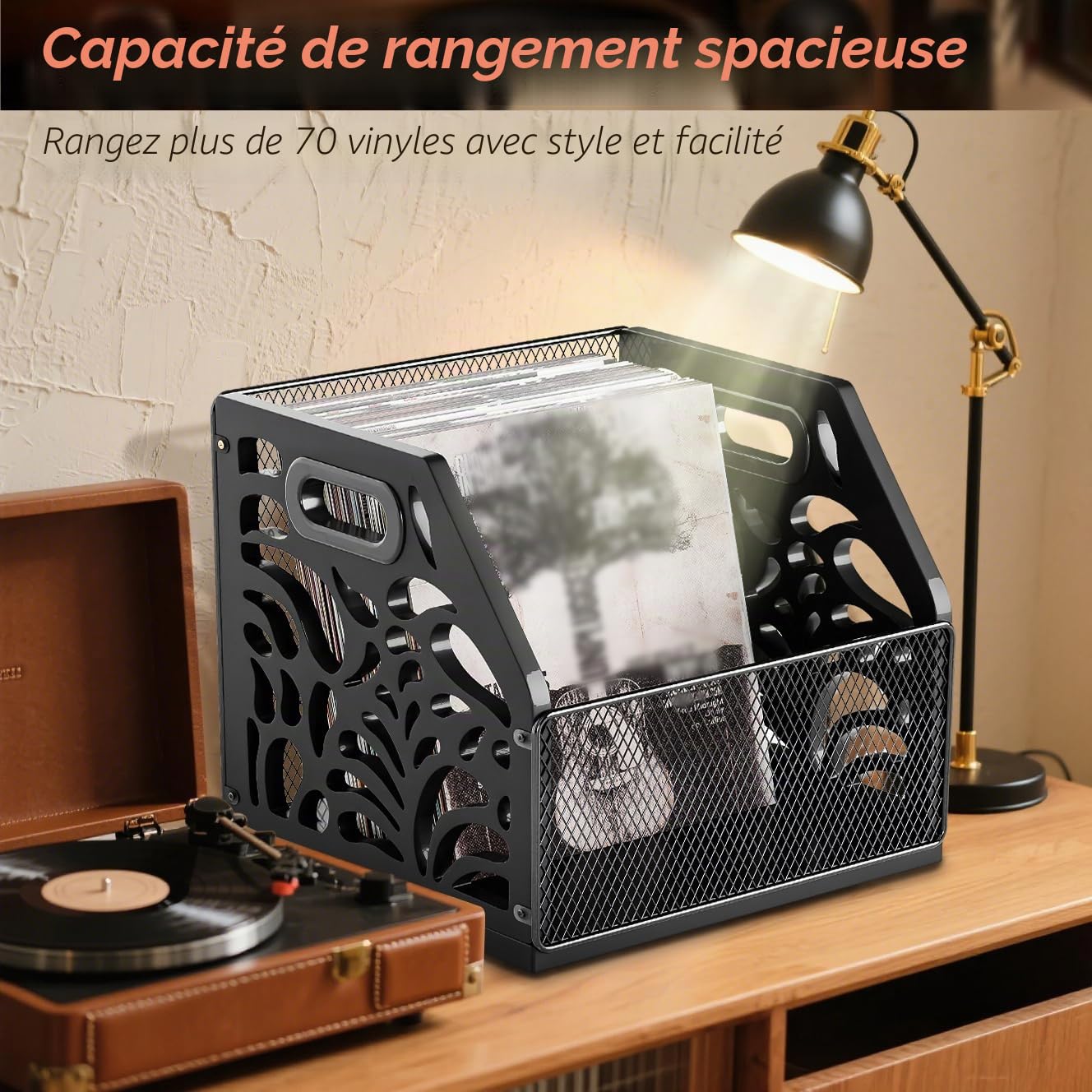Support de rangement en vinyle pour disques vinyles et plus de 70 LPs, albums, CD, magazines, livres, journaux, design décoratif, noir