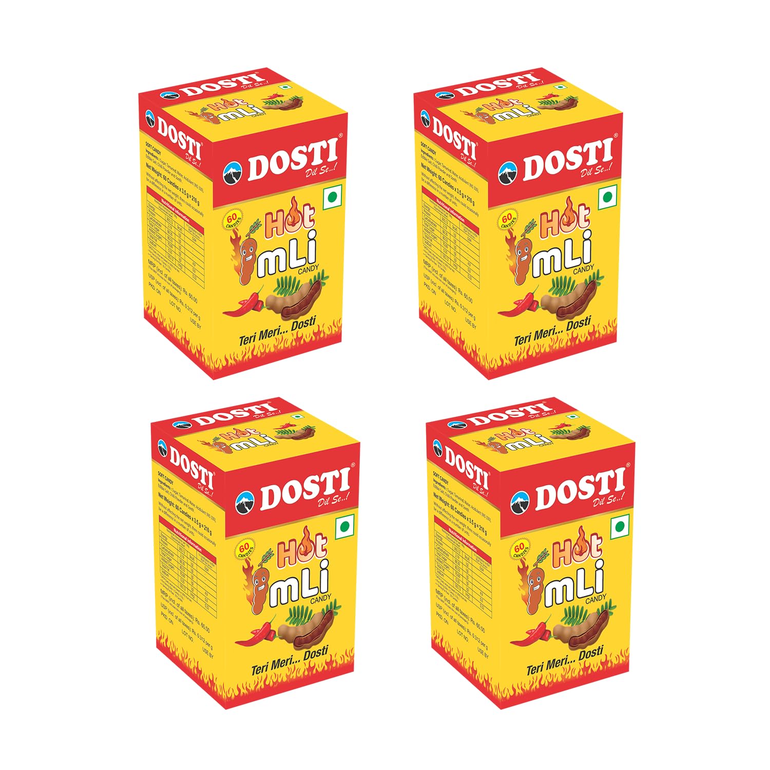 Snowpeak Dosti Hot Imli Candy | Khatti Meethi Imly | Digestive Tamarind Candy for Kids and Adults | Pack of 4 × 60 Pieces | 240 Pieces Total