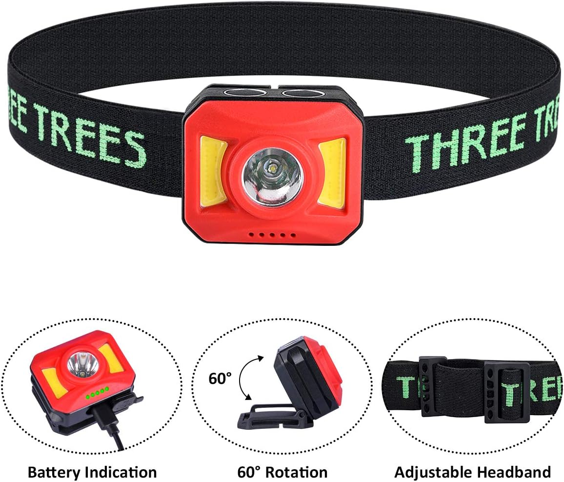 Headlamp,300 Lumen USB Rechargeable LED Headlamp,IPX4 Waterproof Head Lamp Flashlight Headlight,5 Modes White Red Led Lamp,Adjustable Headband & Angle.Lightweight Head Lights for Camping,Adults,Kids - - 