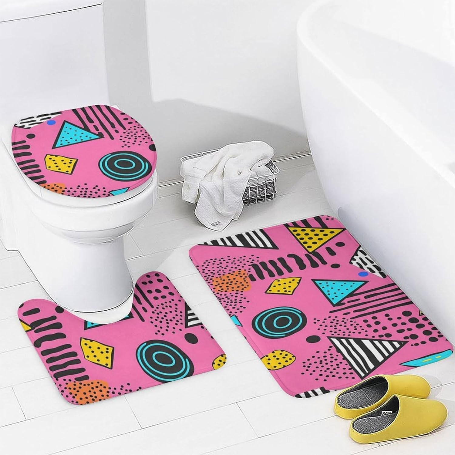 80s 90s Vintage Pattern Bathroom Sets with Shower Curtain and Rugs 4 Piece with U-Shaped Floor Mat Toilet Lid Cover