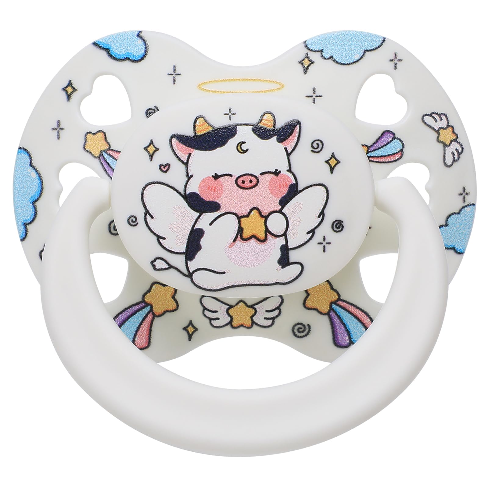 Cute Adult Size Pacifier for Anxiety: Angel Cow Soft Silicone Heart Shaped Dummy for Stress Relief and Autism - Bigshield Binky for Sleep Gag Gift with Case White