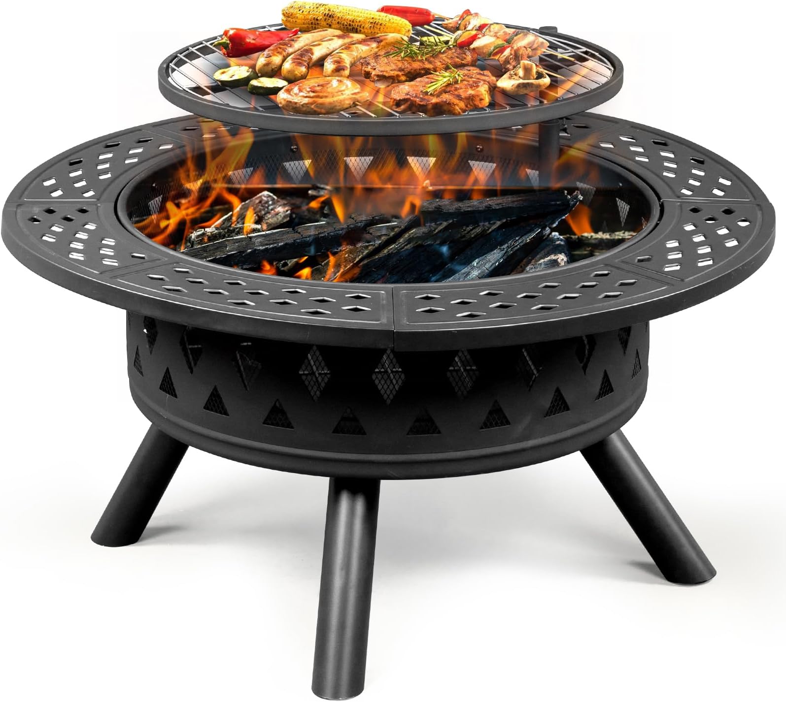 38IN Fire Pit，Outside Wood Burning Fire Bowl with Removal Grill, Outdoor Metal Bonfire Fire Pit with Round Table for Backyard Patio Garden Picnic Camping