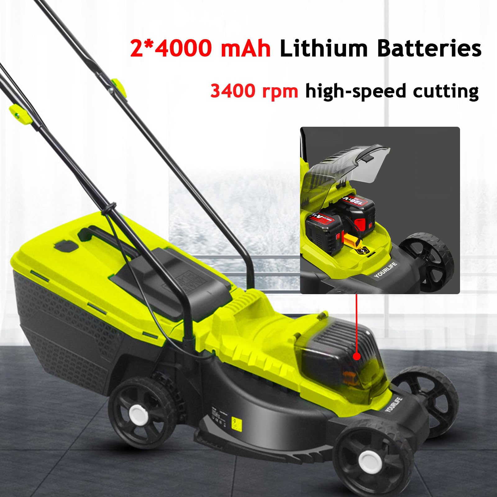Cortacésped eléctrico, autopropulsado, inalámbrico, con 2 baterías de Litio de 4 Ah y Cesta recolectora de césped, Ajuste de 3 Alturas, para jardín.