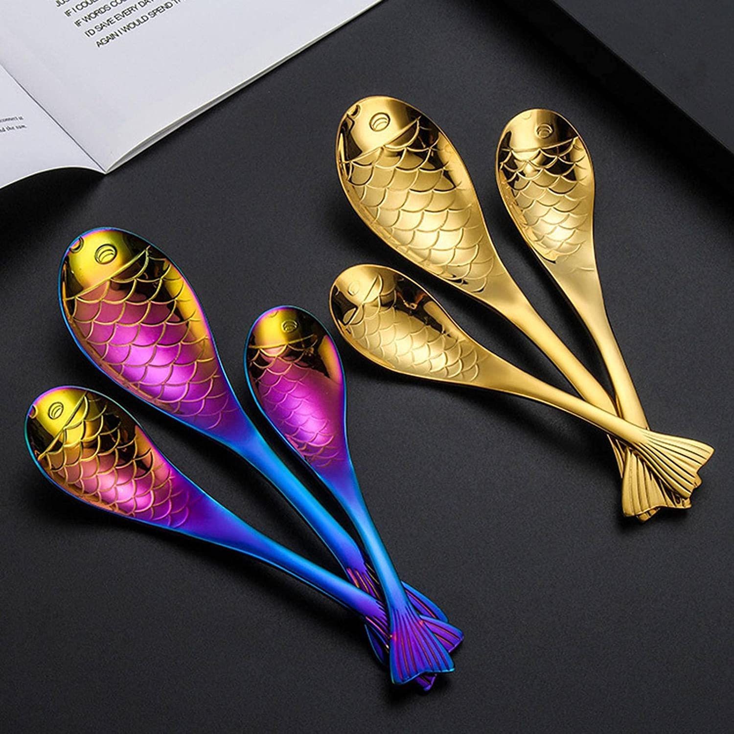 Löffel Restaurants Fisch Eis Cream Coffee Löffel Kreative Edelstahl Dessert Tees Poon Lang Griff Küchentisch Geschirr Esslöffel Hause(Sliver,L17x4.2cm)
