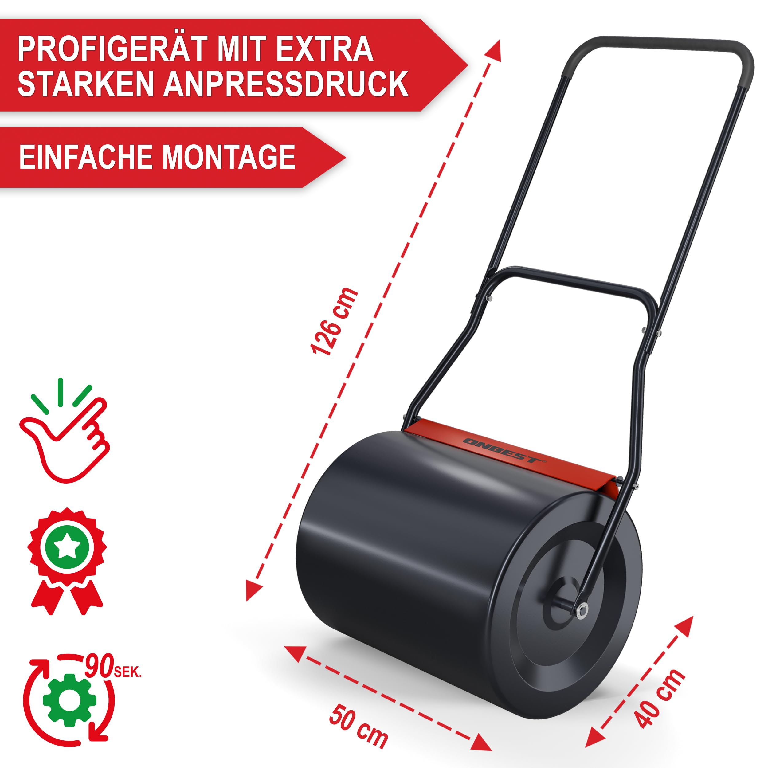 ONBEST Profi Rasenwalze – 60 Liter – befüllbar mit Sand oder Wasser – Walze aus robustem Stahl – inkl. Premium Ablassschraube & Schmutzabweiser – perfekt fürs Rasen sähen