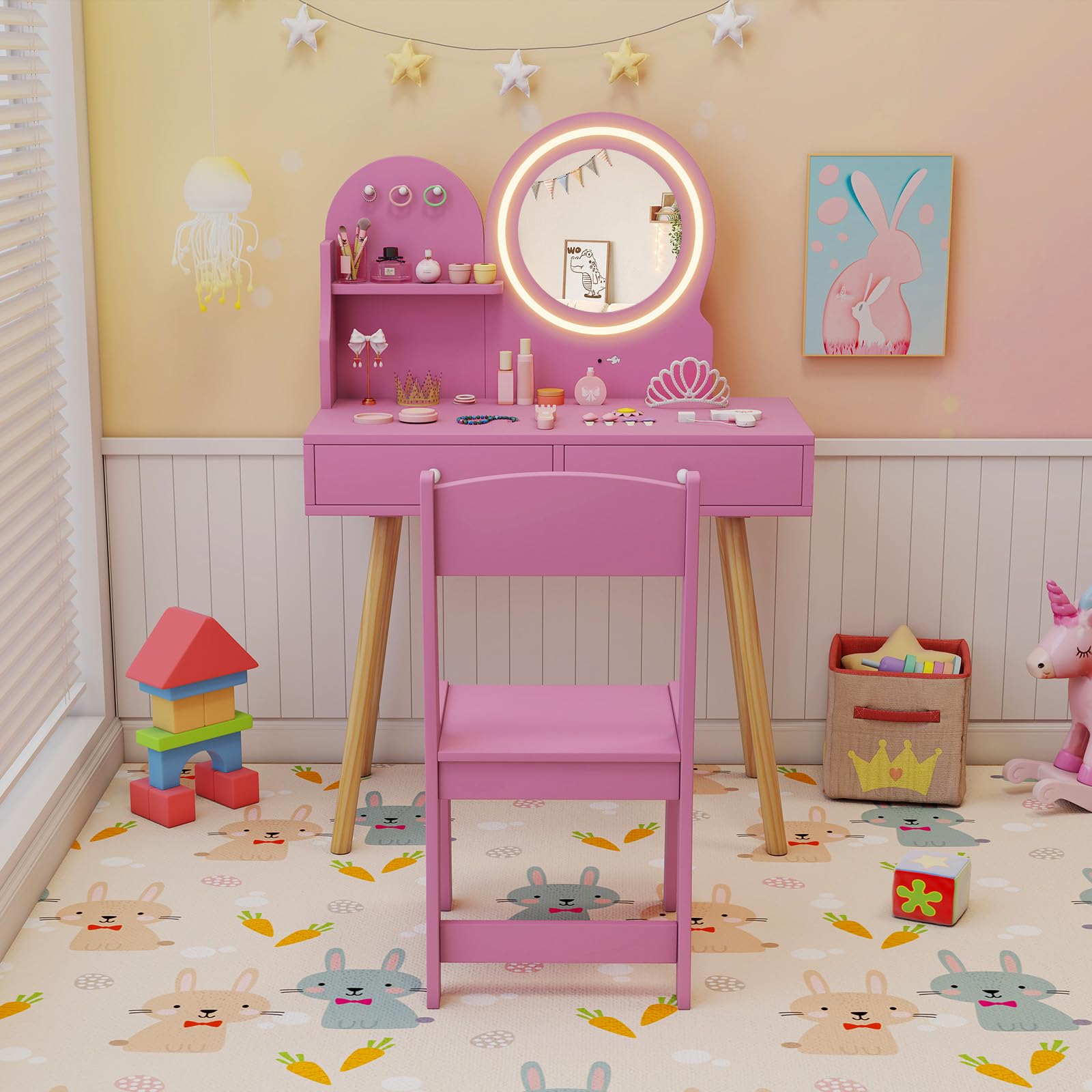 COSTWAY Toeletta Trucco Bambina da Principessa con Specchio Illuminato