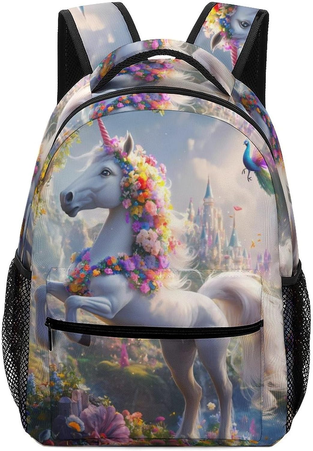 Colorful Un-icorn Elf Peacock Castle Laptop Backpack Lightweight Travel Daypack Shoulder Bag for Men Women