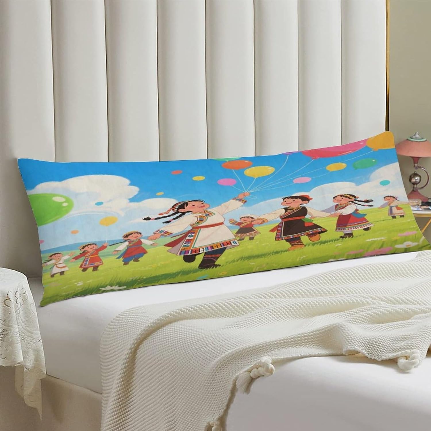 Kids Dancing on Grassland Pillow Cover Decorative Lumbar Pillow Cover 19x53 Inch Long Body Pillows Case Soft Luxury Decorative Throw Pillowcase for Couch Sofa Bedroom Car Decor Pillowcover