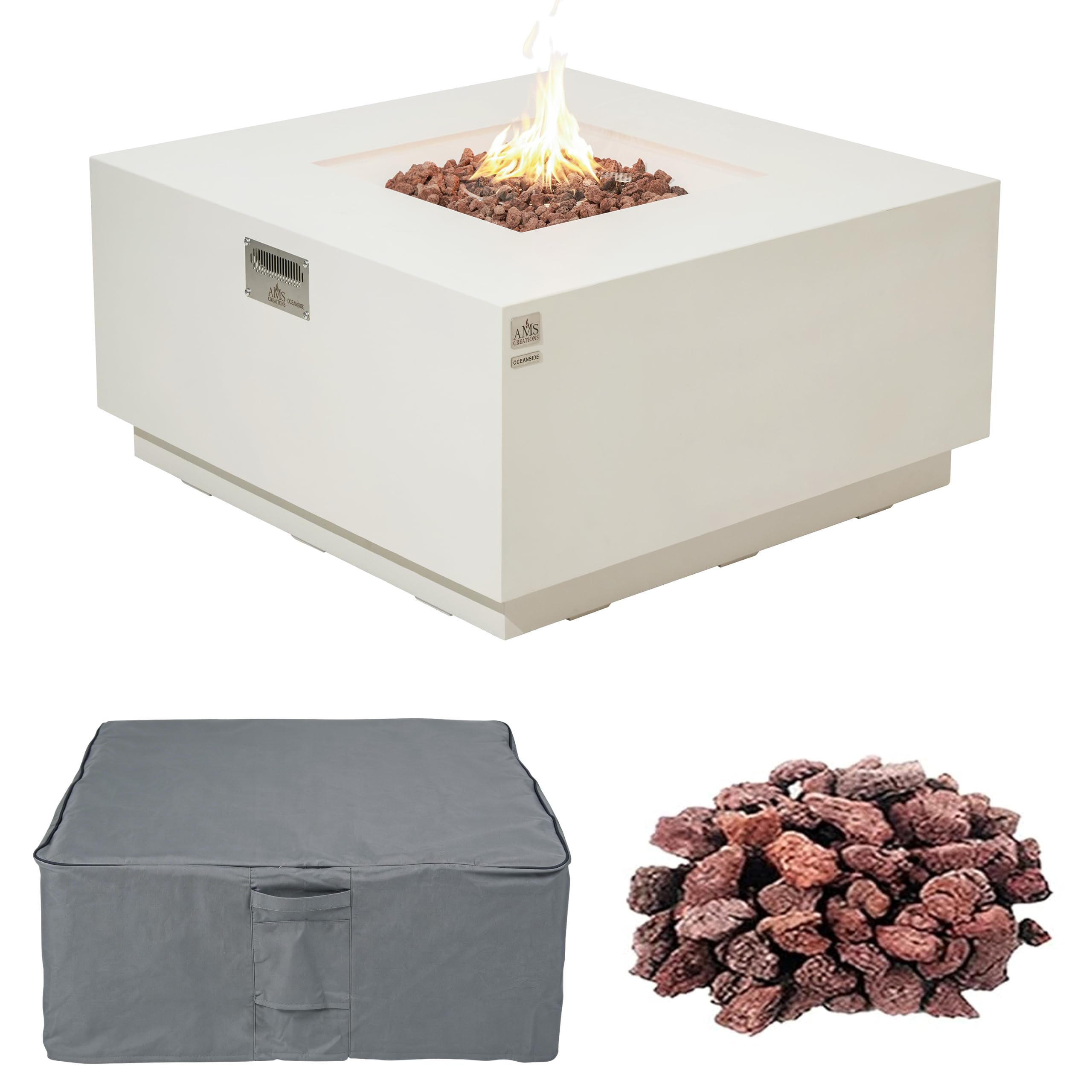 AMS 48" Square Concrete GFRC Propane Gas Fire Pit Table (Cream White)