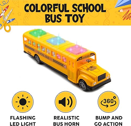 Miniatura 2 de Toysery Autobús escolar amarillo con luces LED intermitentes y sonidos de autobús. Bump and Go Action Bus para niños y niñas de 3 años o más
