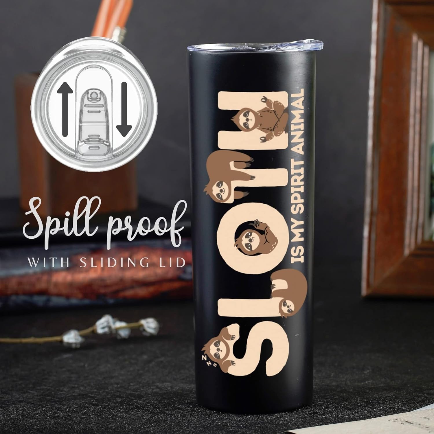 Onebttl Sloth Gifts for Women, 20oz Stainless Steel Insulated Wine Tumbler with Straw & Lid My Spirit Animal Black - Image 4