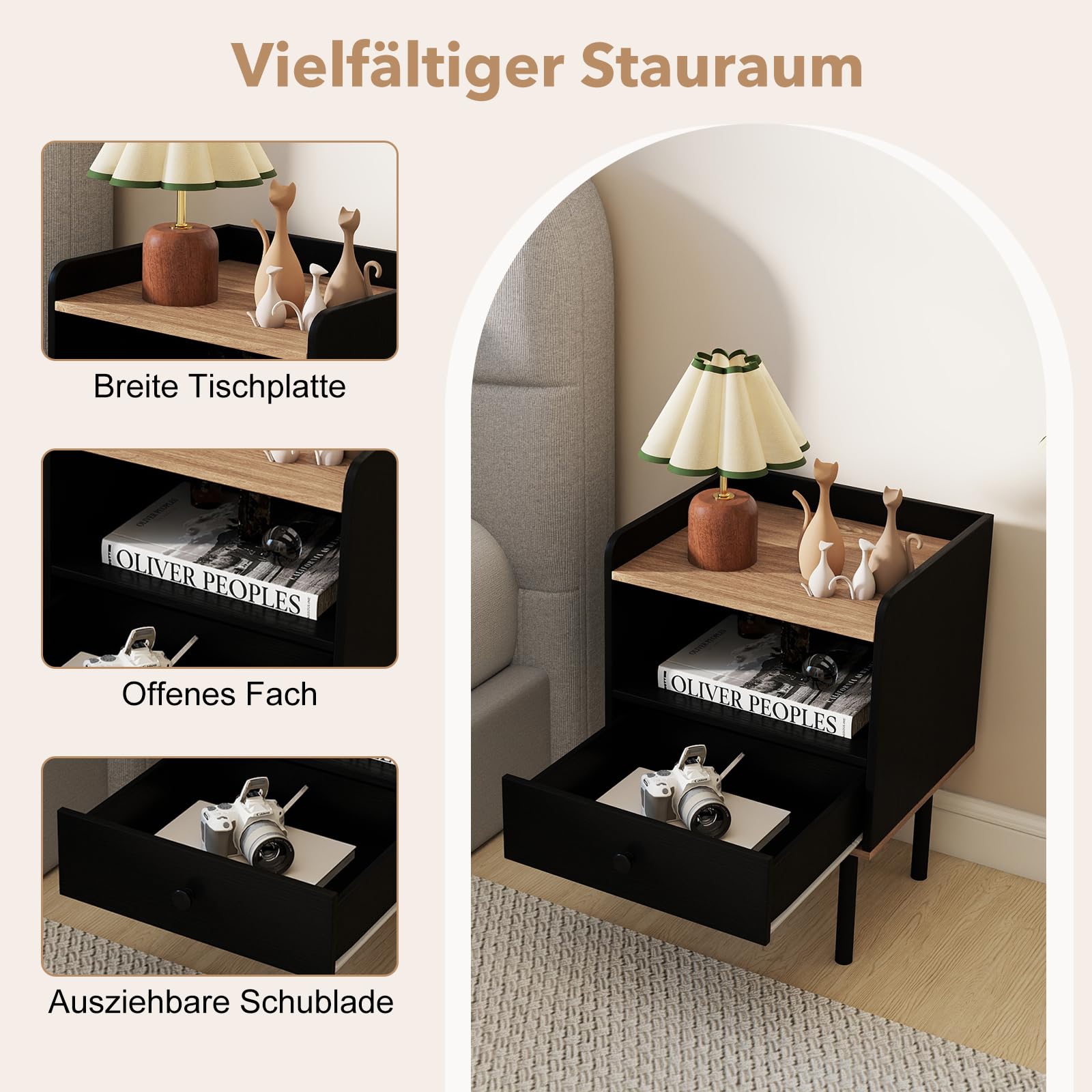 COSTWAY Nachttisch 2er Set, Beistelltisch mit Schublade, offenem Ablagefach und Metallbeinen, Nachtschrank, Nachtkonsole, Nachtkommode für Schlafzimmer, Wohnzimmer, 40,5 x 35 x 56 cm, Schwarz