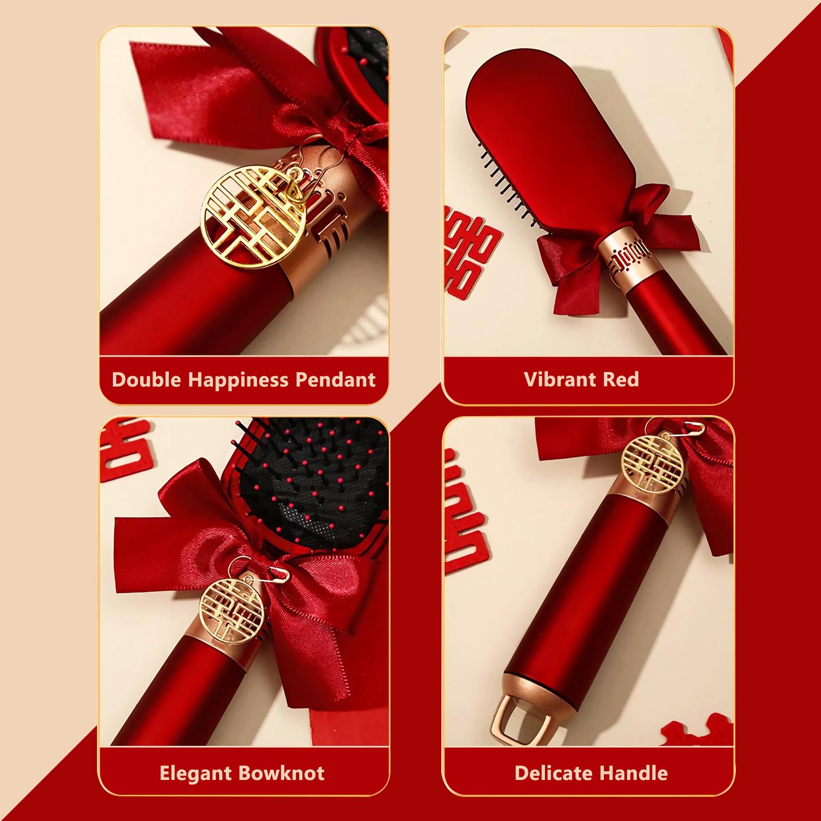 Accessori da sposa cinesi per sposa, pettine per capelli, spazzola per capelli ricci e specchio a mano con decorazioni a doppia felicità, accessori per capelli cinesi rossi