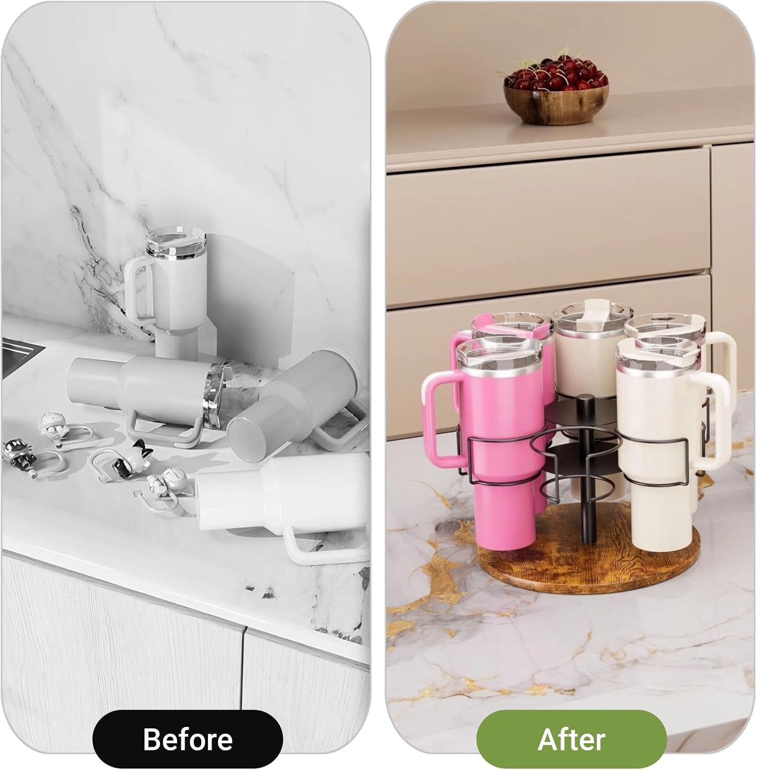 Water Bottle Organizer for Stanley, 6 Slot Revolving Water Bottle Organizer Countertop Tumbler Holder Stanley Cup Accessories, Easy to Install, Vintage Brown - Image 4