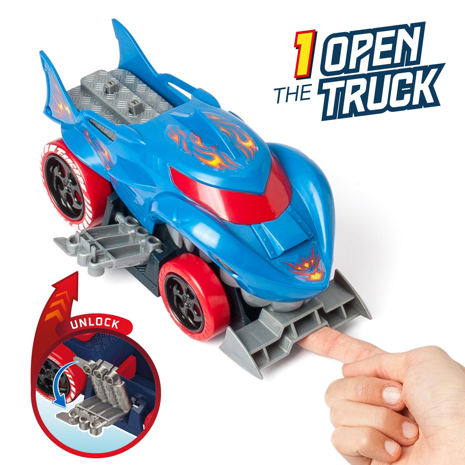 T- Racers Mix 'N Race Squad Launcher Shark – Truck Shark, który przekształca się w wyrzutnię. Zawiera 2 ekskluzywne pojazdy, strefę uruchamiania pojazdów i strefę transportu 2 pojazdów