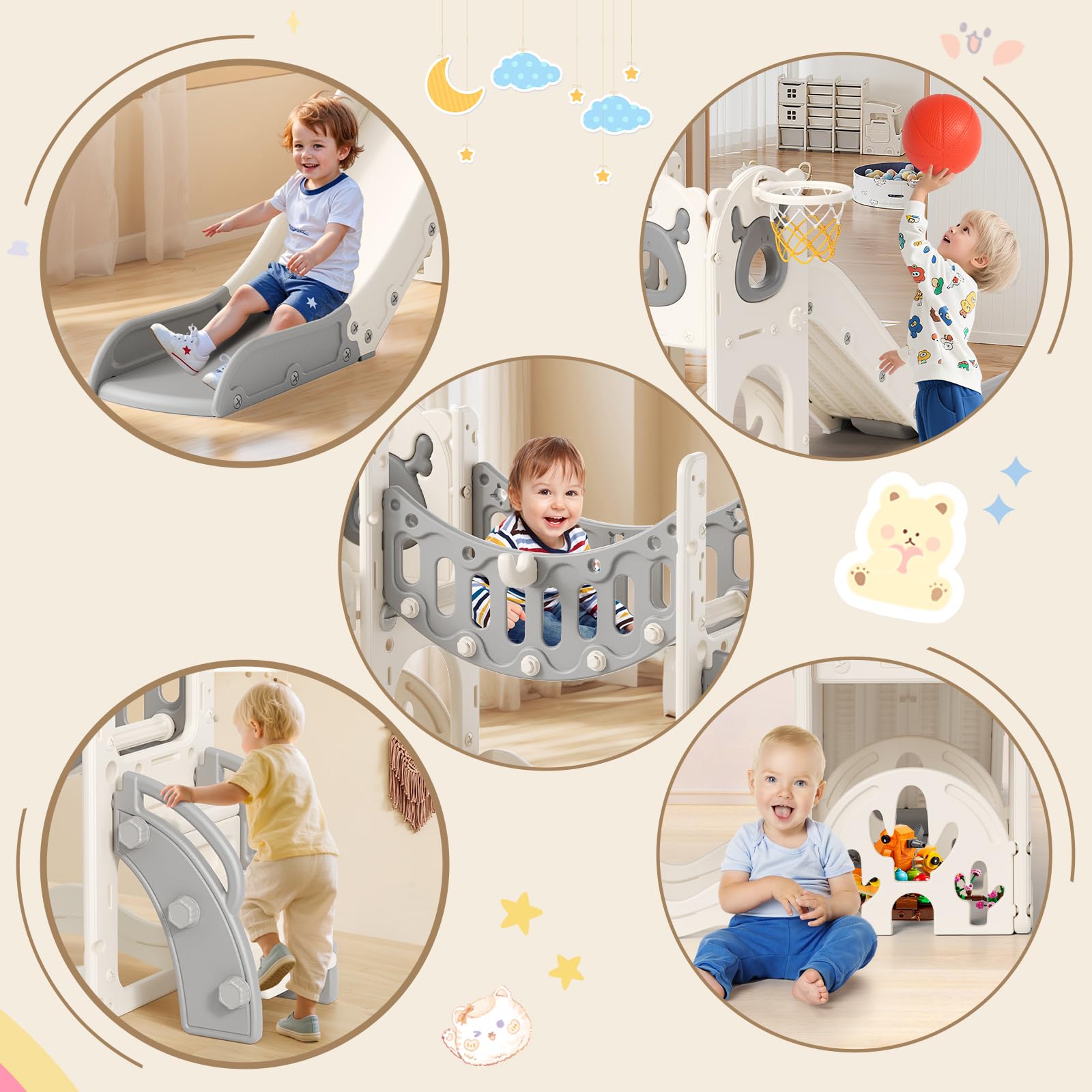 Scivolo 8 in 1 per bambini con ponte da arrampicata e cestino da basket
