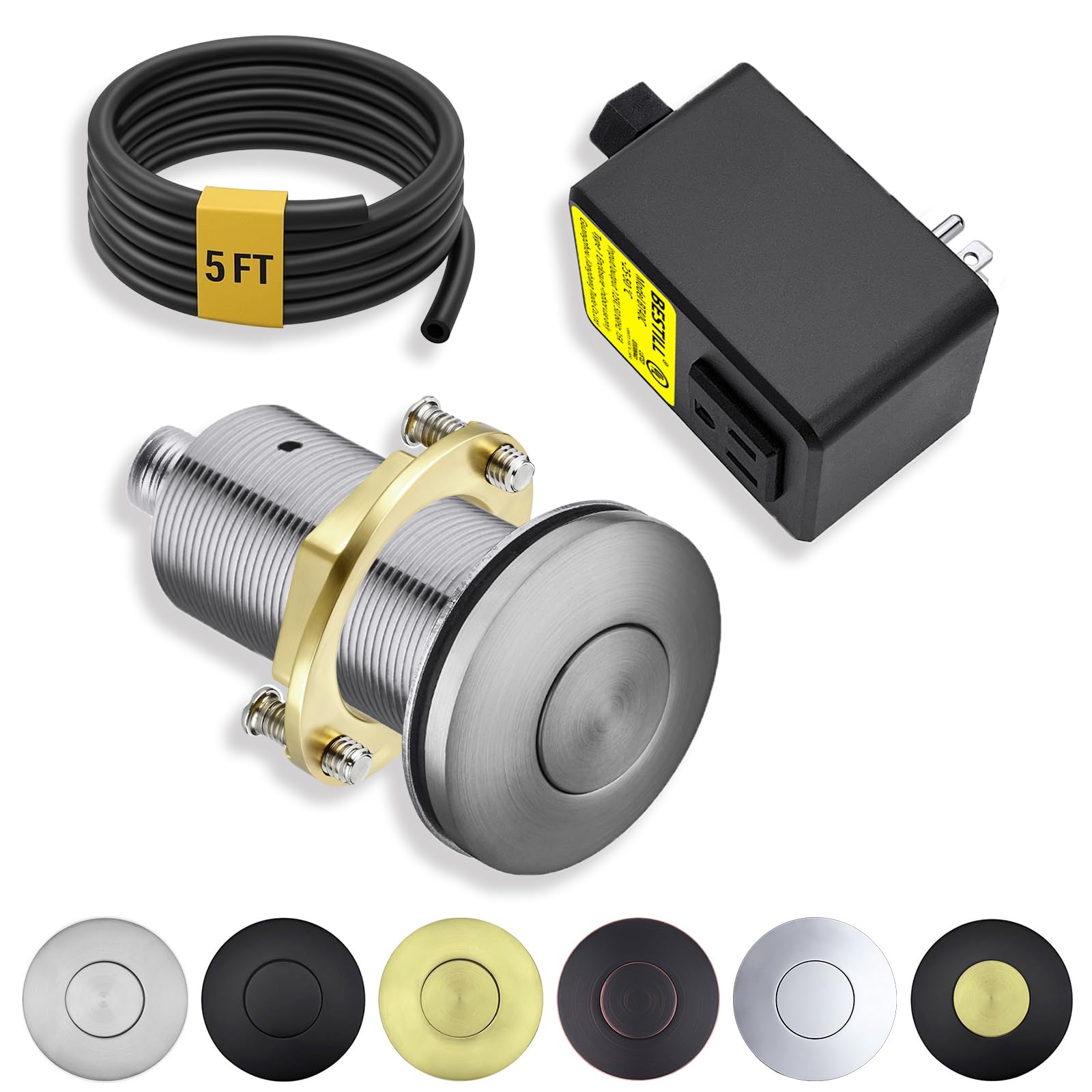 BESTILL All Metal Garbage Disposal Air Switch Kit, UL Listed Brushed Nickel Long Push Button for Waste Disposer, Cordless Sink Top Switch On/Off Button, Compatible with all Garbage Disposals