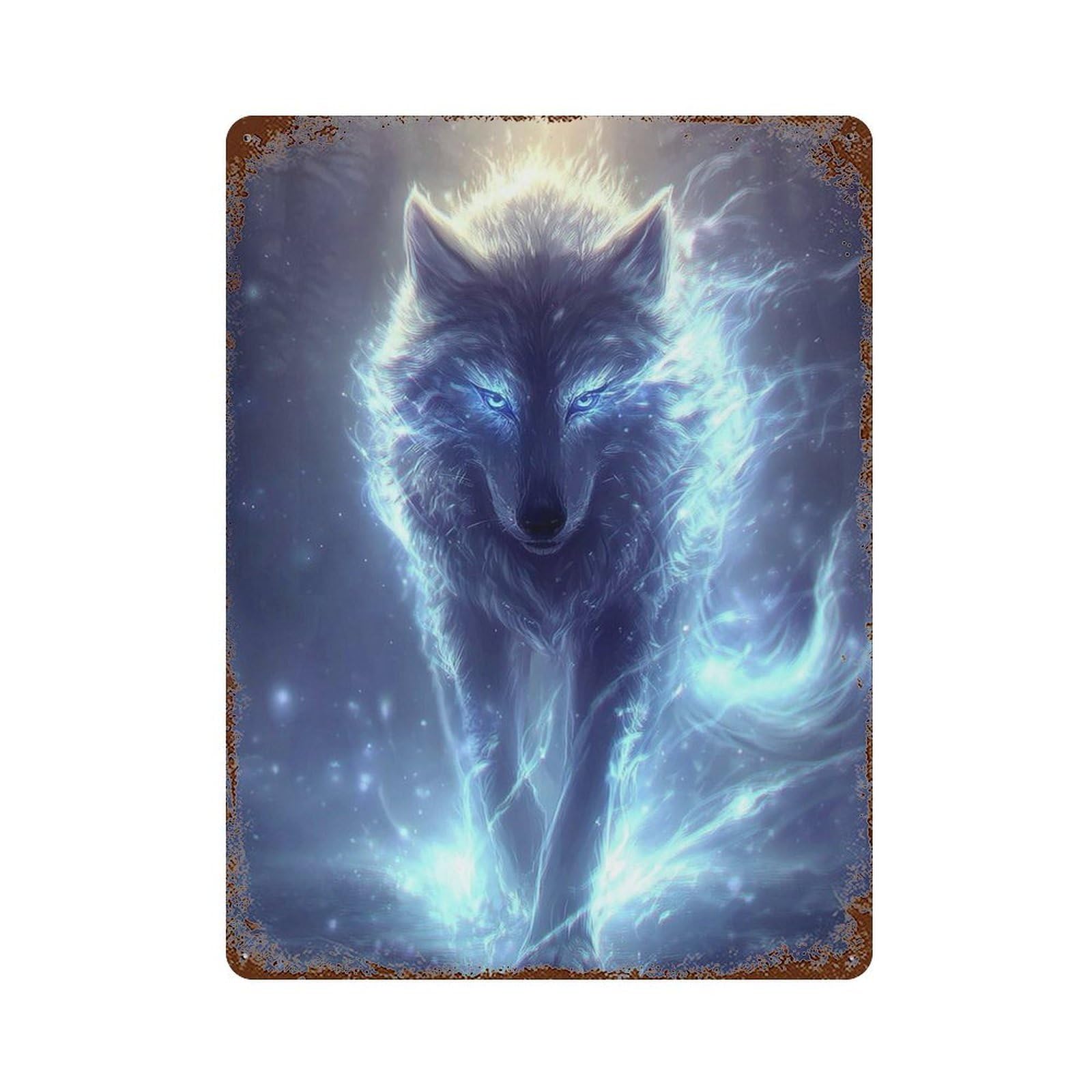 Enchanted Wolf Spirit Art Print Rust Effect Tin Sign 15.7"x11.8", Retro Wall Decor for Pub, Kitchen And Man Cave Decor