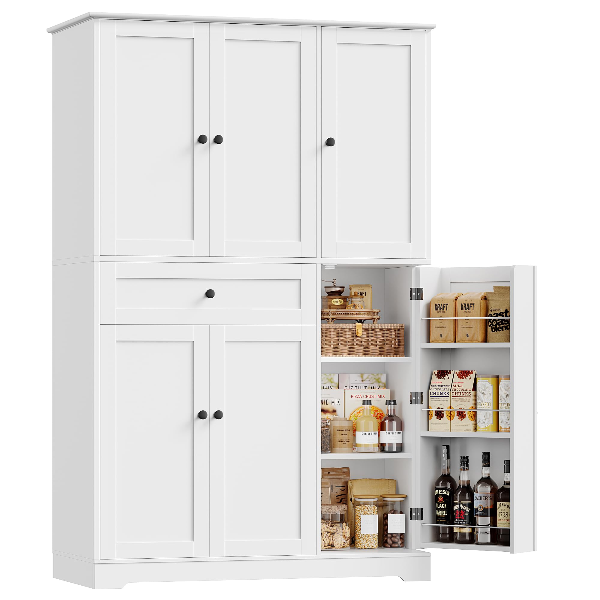 hostack 68" tall kitchen pantry storage cabinet, modern kitchen hutch cabinet with doors and shelves, freestanding food pantry with large storage drawer for dining room, living room, white (incomplete) 