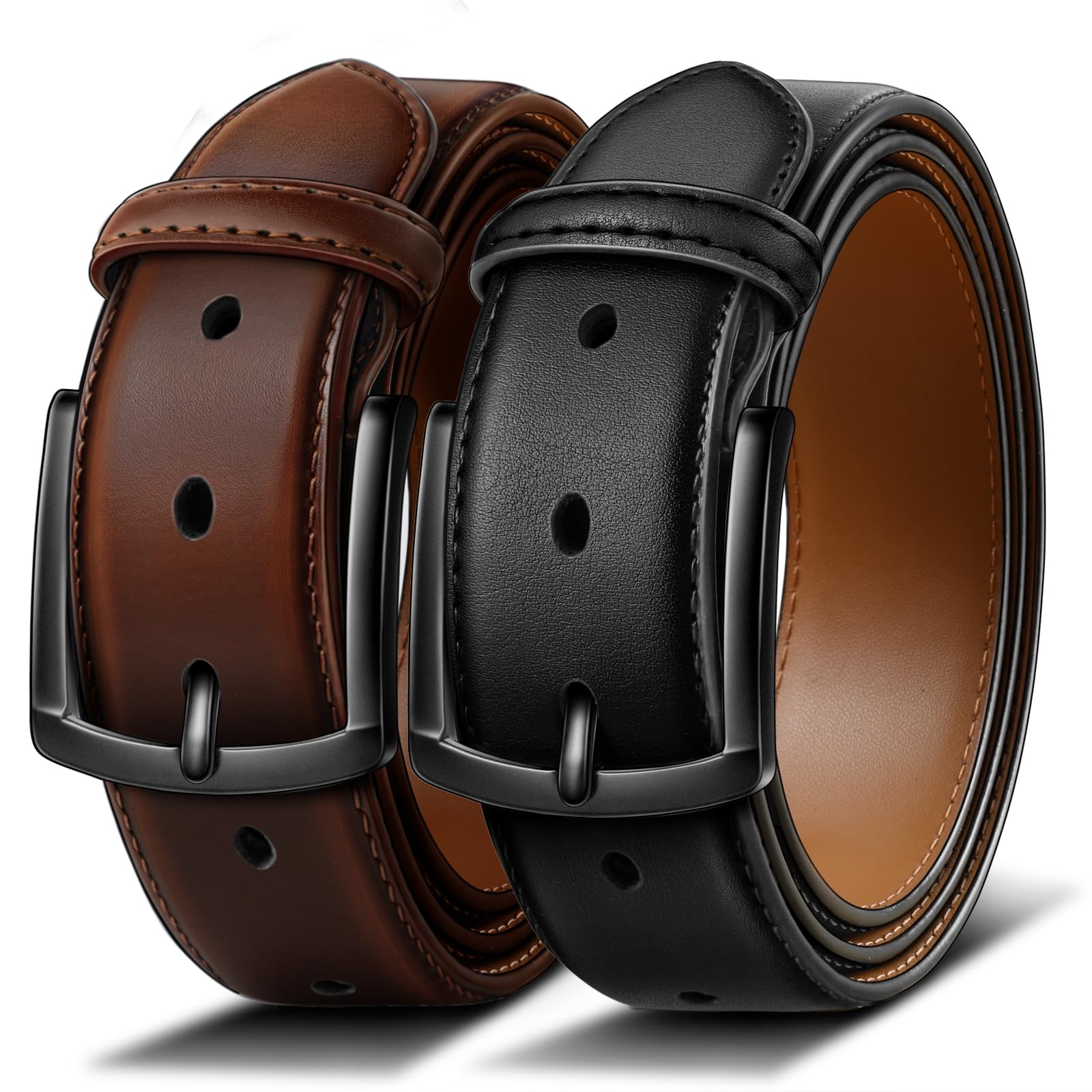 BULLIANT Gürtel Herren 2er Pack Ledergürtel mit 7 Löchern,Komfortabel für Anzug,Freizeit und Jeans,Breite 35mm