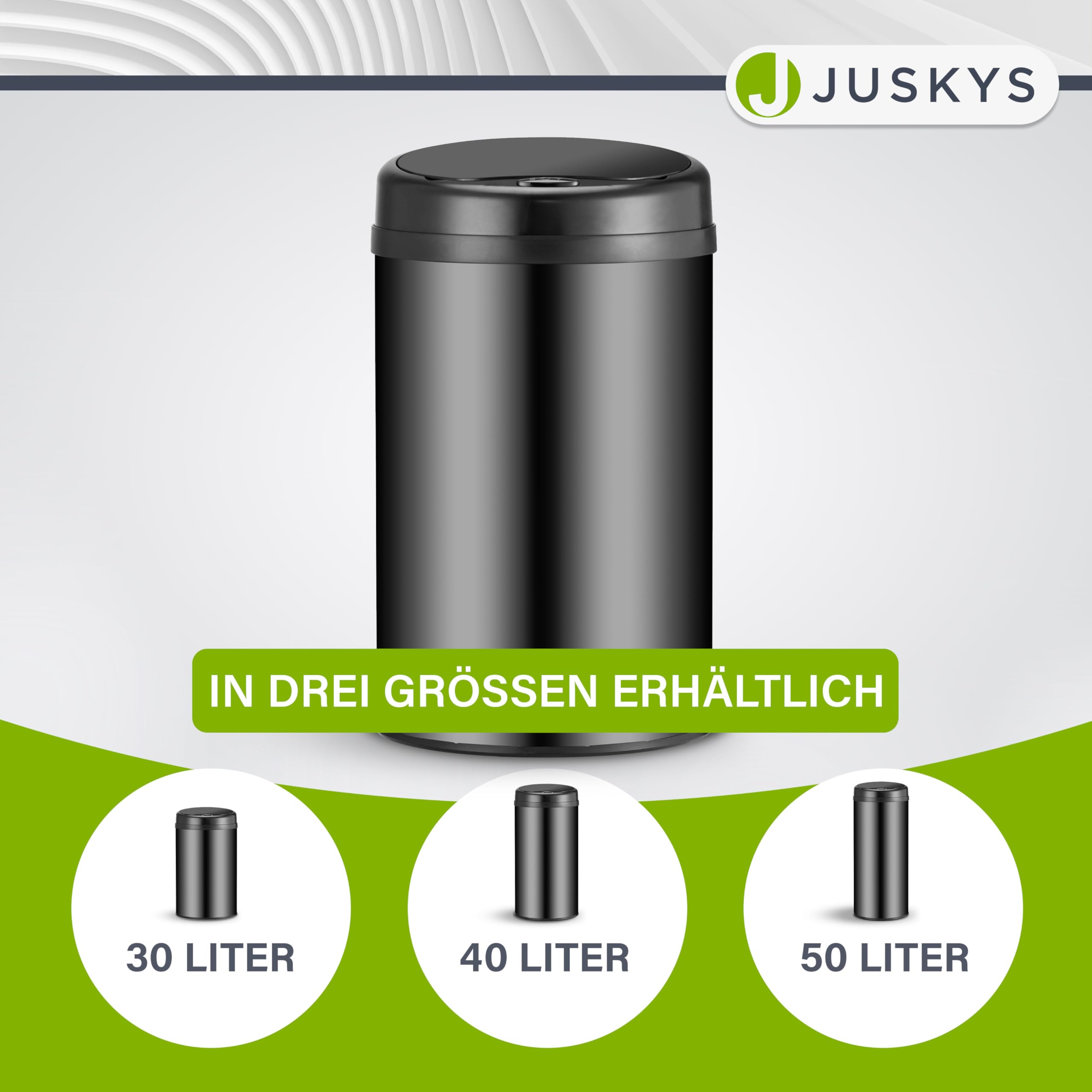 Juskys Mülleimer Küche mit Bewegungssensor Schwarz 50L - Runder Abfalleimer für Kontaktloses Entsorgen mit Klemmring für Müllbeutel - Rostfreier Stahl