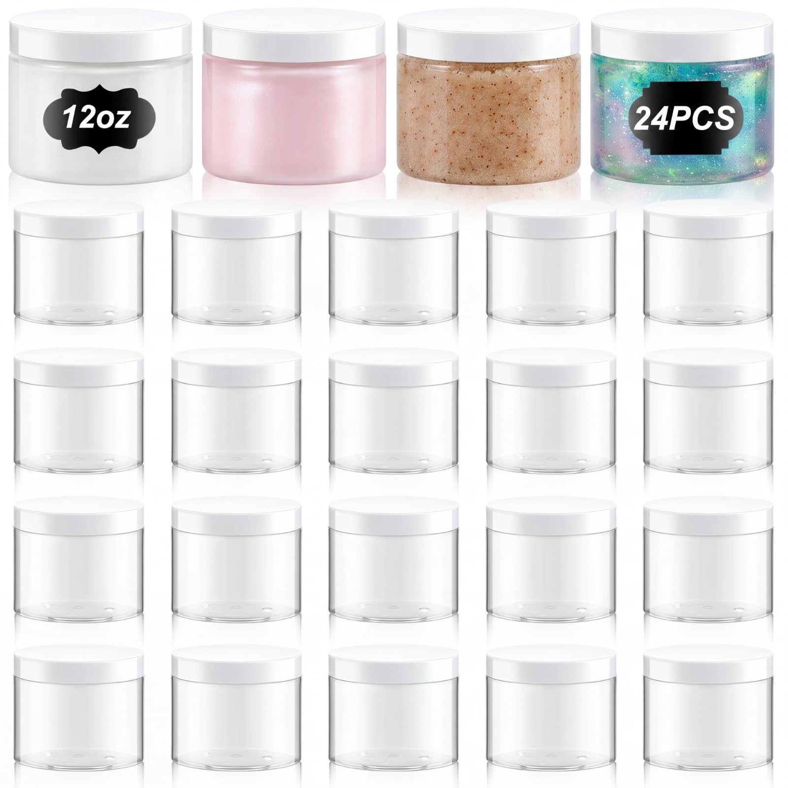 24 Pcs 2/4/6/8/10/12oz Plastic Clear Jar Container with White Lid and Label, Empty Round PET Cosmetic Jars for Lotion, Cream, Body Butter, Sugar Scrub, Slime (12oz, Clear Jar with White Lid) Clear with White Lid 12 oz