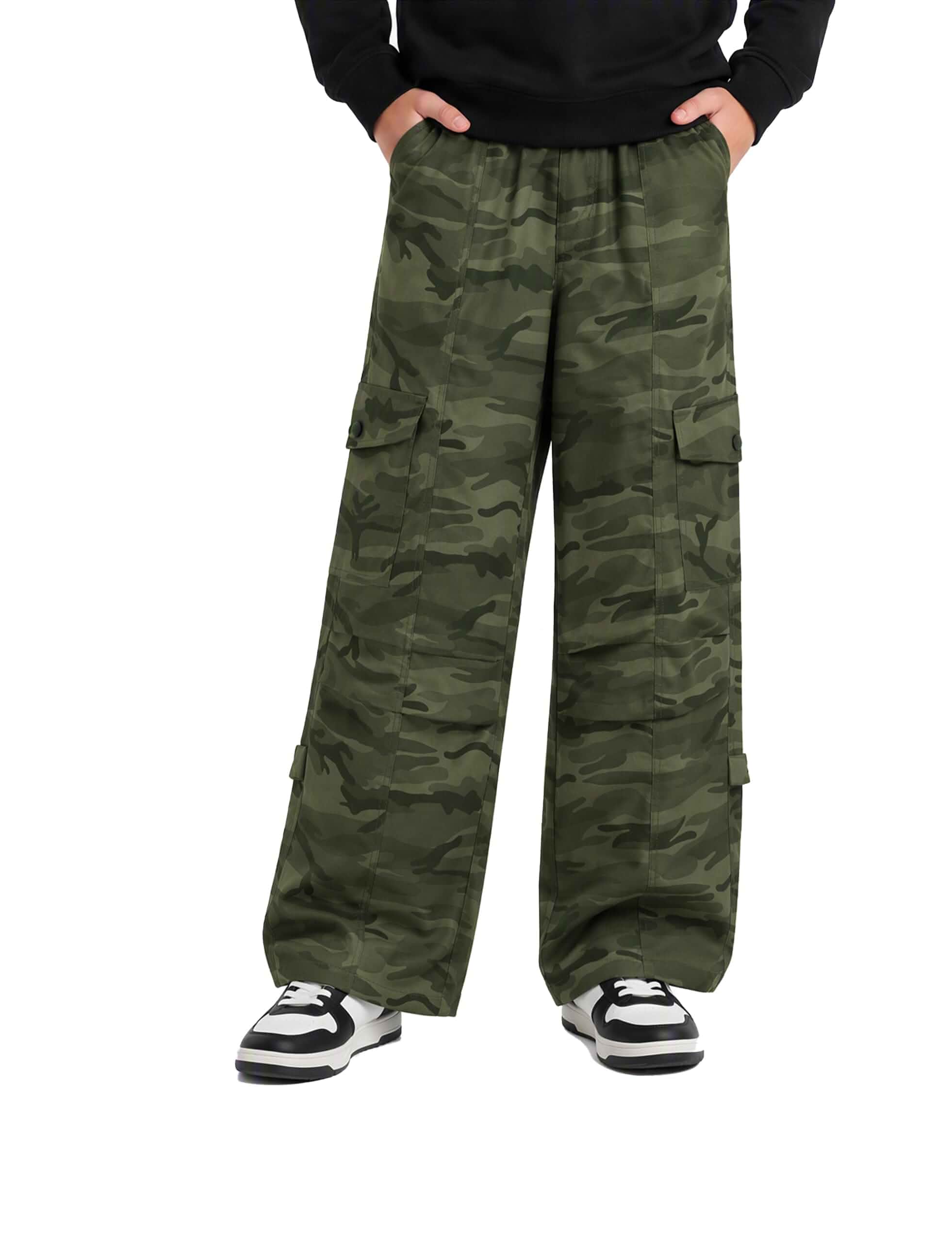 Boys Baggy Pants Wide Leg Drawstring Waist Cargo Pants 7-14 Years Size 7-14，Drawstring Waist Cuff，Multiple Cargo Pockets，Stree & Casual Wear，Solid Color，Suitable For All Seasons