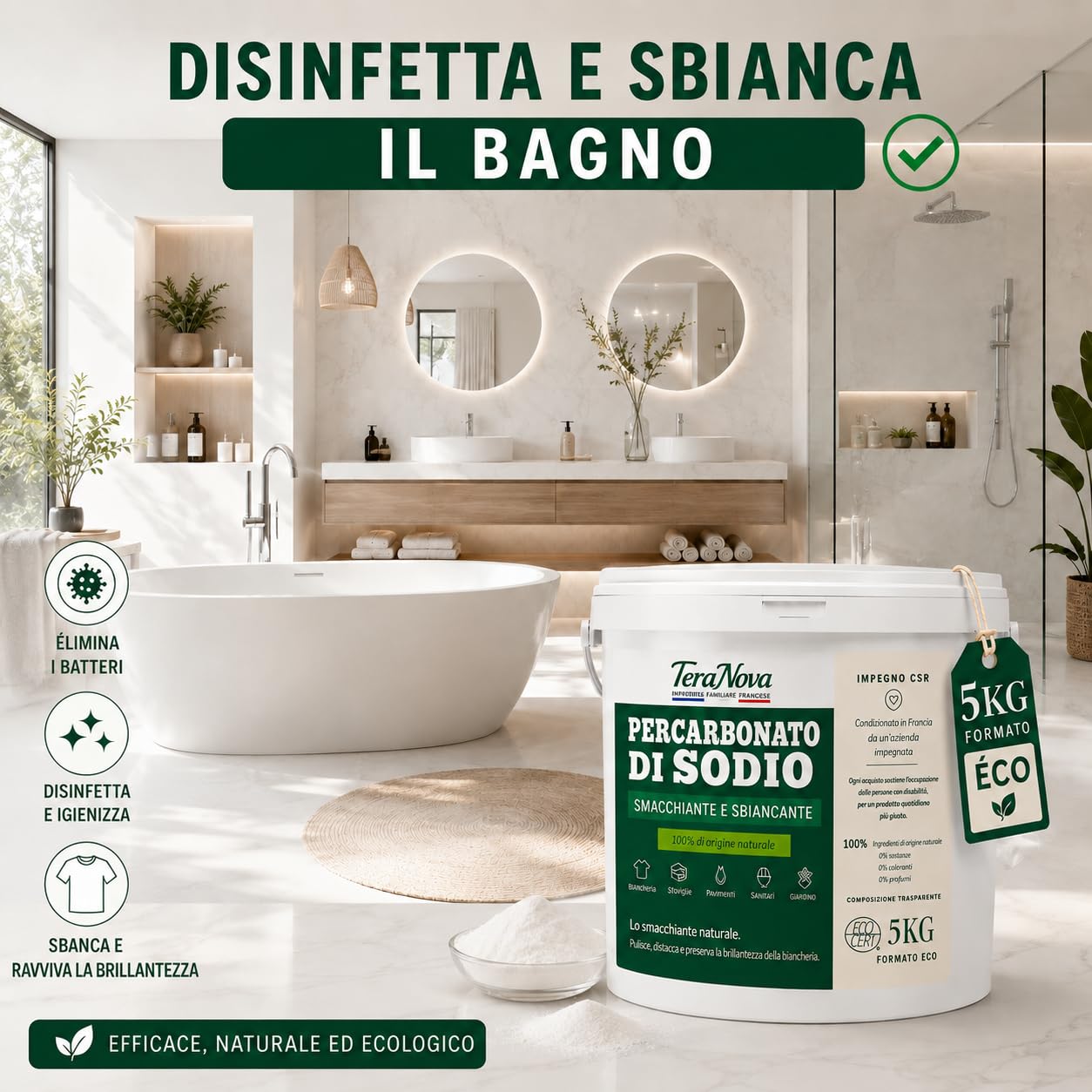 Percarbonato di Sodio 5 kg – Smacchiatore e Sbiancante Naturale ECOCERT – 100% Puro senza Additivi – Oltre 600 Lavaggi – Ossigeno Attivo – Dosatore Incluso