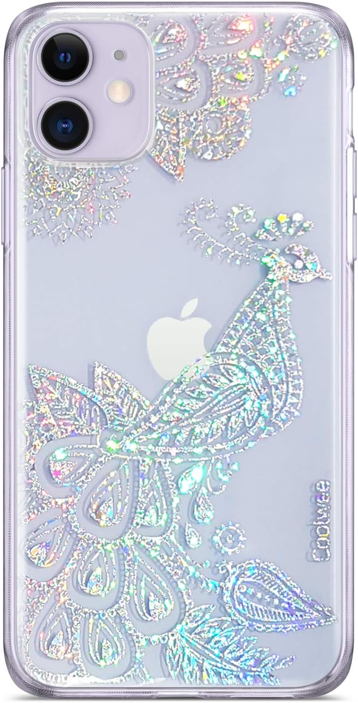 Coolwee Clear Glitter iPhone 11 Case Thin Flower Slim Cute Crystal Peacock Bling Women Girls Floral Plastic Hard Back Soft TPU Bumper Protective Cover for Apple iPhone 11 Mandala Henna Sparkle