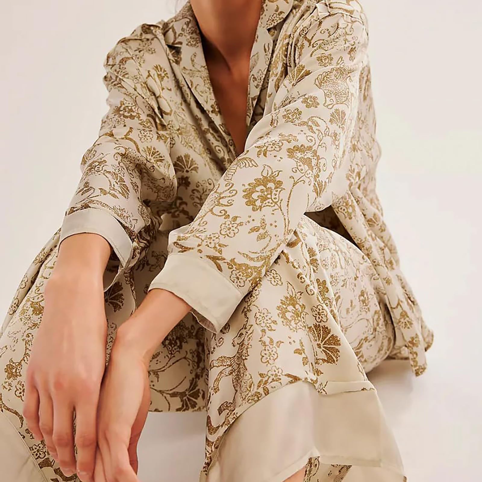 Générique Pantaloni Pigiama Stampati Donna Raso Pigiama Donna Seta Manica Lunga 2026 Nuovo Set con Motivo Loungewear Casual Ampia Biancheria Da Notte Sottile Leggero Pantaloni Fluidi T-shirt