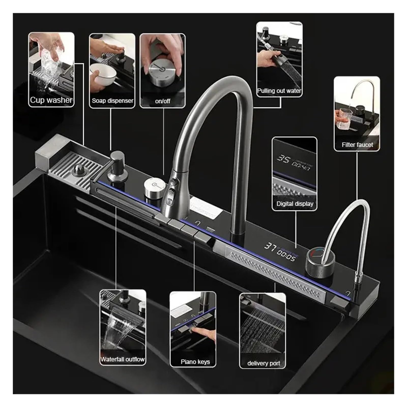 Fregadero De Cocina En Cascada Acero Inoxidable 304, Juego Grifería Con Pantalla Digital Integrada Ranura Única, Dispensador Jabón, Lavadora Tazas FáCil De Limpiar Y Mantener