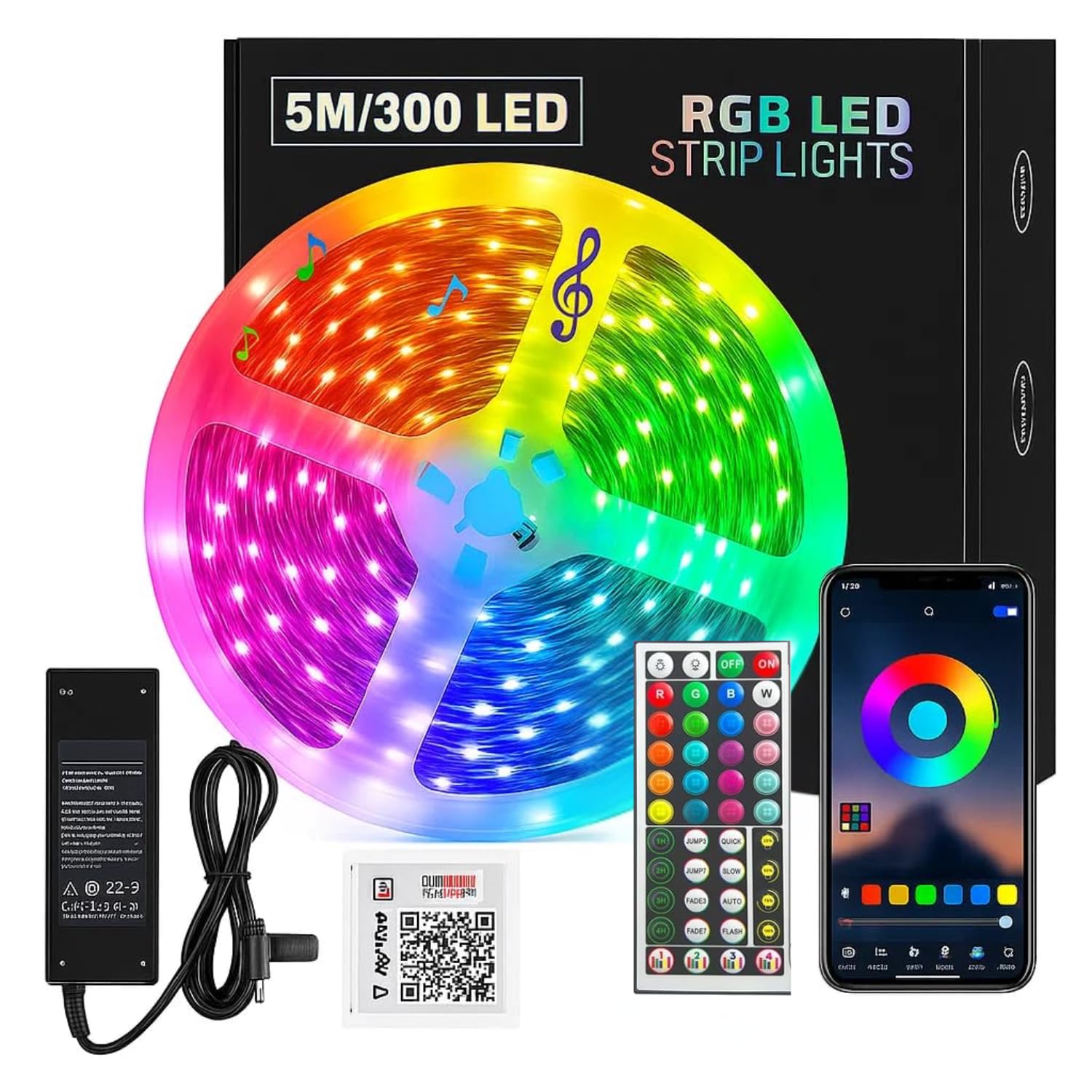 KSIPZE RGB LED Strip Lights 5 Meter 300 LEDs | Waterproof LED Strip Light with Bluetooth App & 42 Key IR Remote | Multicolor Strip Lights for Home Decoration & Bedroom