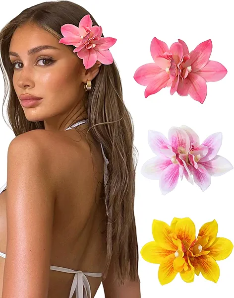 WELROG 3 Pieces Hawaiian Flower Hair Clips for Women - Artificial Tropical Flower Hair Pin Orchid Beach Party Wedding