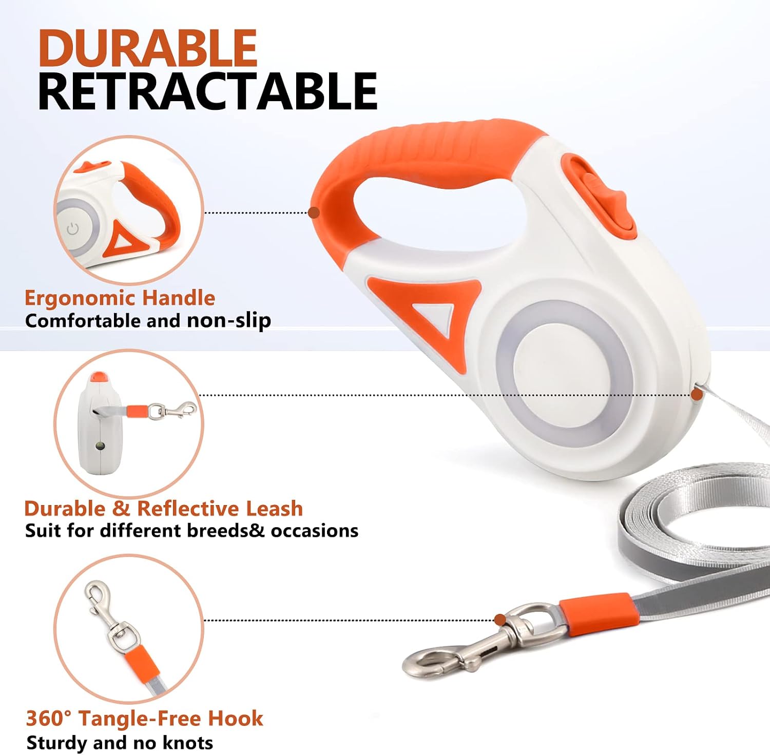 Supet Retractable Dog Leash with LED Light, 16ft Heavy Duty Dog Leash, 360° Tangle-Free Long Walking Dog Leash for Small Medium Large Dogs Orange