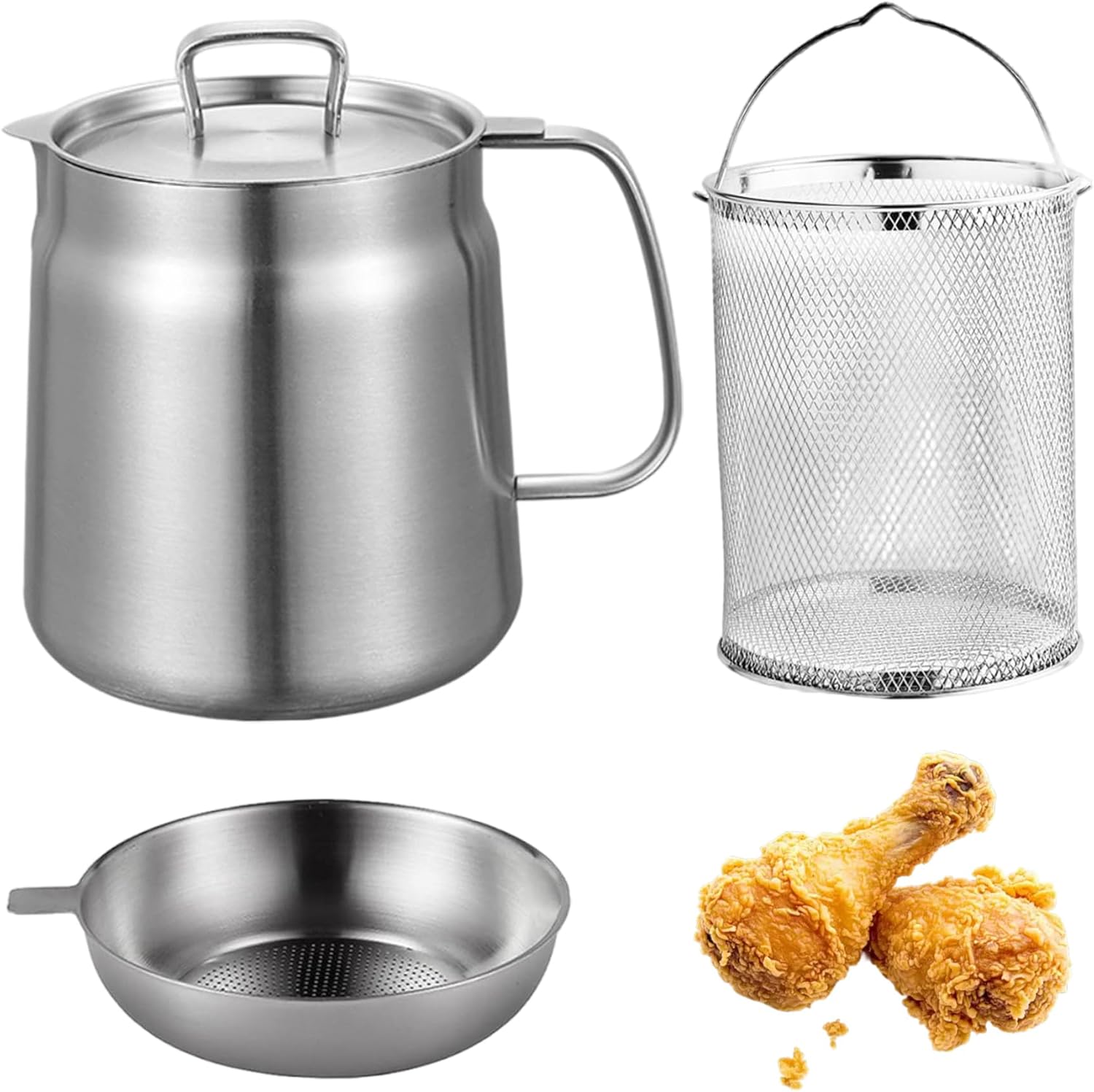 Mini Fryer Stainless Steel Fryer, 2L Large Multi-functional Pot with Basket & Strainer & Lid Fine Mesh Filter Cooking Oil Container for Kitchen
